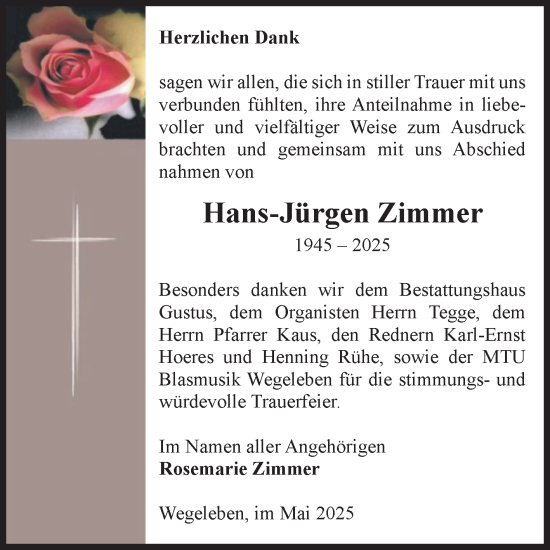 Traueranzeige von Hans-Jürgen Zimmer von Volksstimme Halberstadt