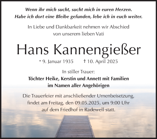 Traueranzeige von Hans Kannengießer von Mitteldeutsche Zeitung Halle/Saalkreis