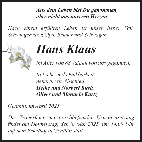 Traueranzeige von Hans Klaus von Volksstimme Burg/Genthin