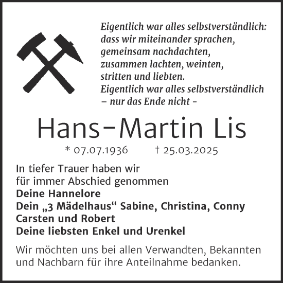 Traueranzeige von Hans-Martin Lis von Trauerkombi Sangerhausen