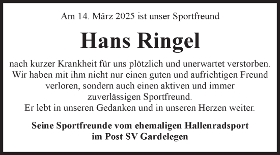 Traueranzeige von Hans Ringel von Volksstimme Altmark West