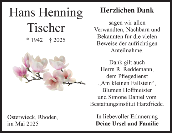 Traueranzeige von Hans Tischer von Volksstimme Halberstadt