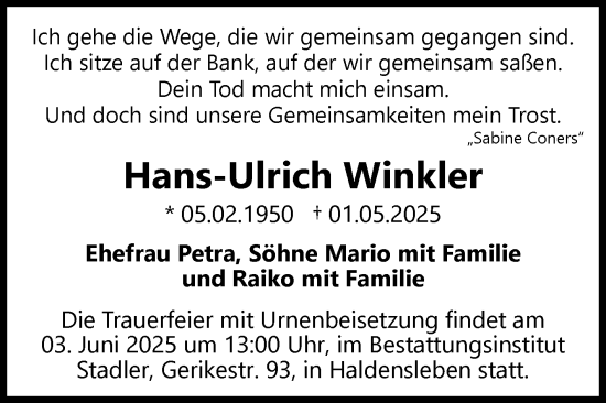 Traueranzeige von Hans-Ulrich Winkler von Volksstimme Haldensleben/Wolmirstedt