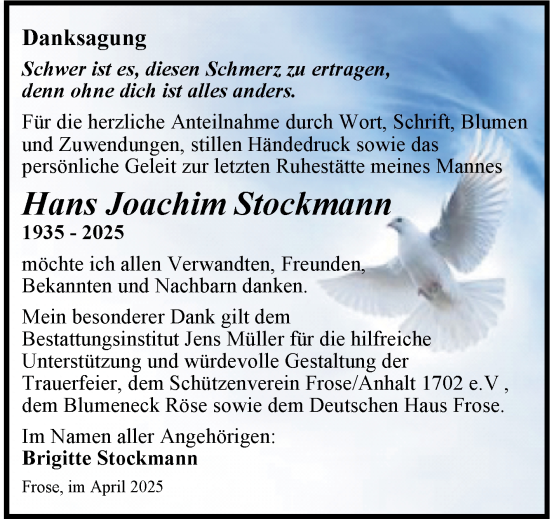 Traueranzeige von Hans Joachim Stockmann von Trauerkombi Aschersleben