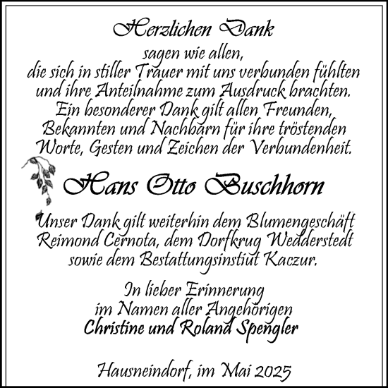 Traueranzeige von Hans Otto Buschhorn von Trauerkombi Quedlinburg