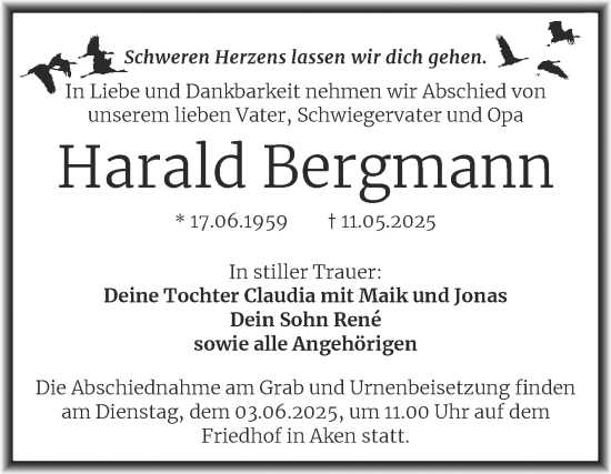 Traueranzeige von Harald Bergmann von Trauerkombi Köthen