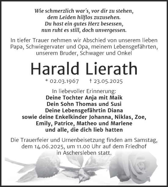 Traueranzeige von Harald Lierath von Trauerkombi Aschersleben