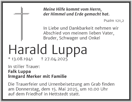 Traueranzeige von Harald Luppa von Trauerkombi Mansfelder Land