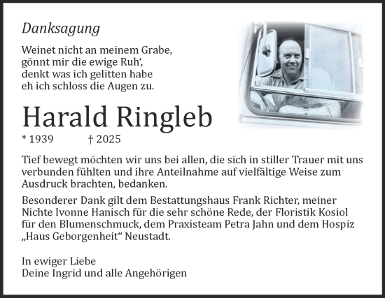 Traueranzeige von Harald Ringleb von Trauerkombi Sangerhausen