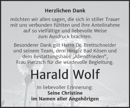 Traueranzeige von Harald Wolf von Super Sonntag Naumburg/Nebra