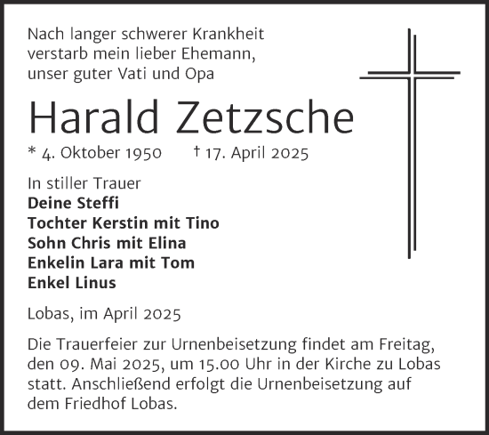 Traueranzeige von Harald Zetzsche von Trauerkombi Zeitz