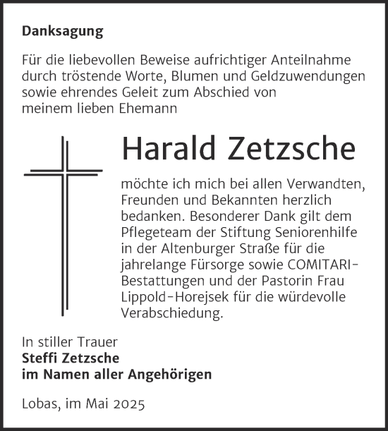 Traueranzeige von Harald Zetzsche von Trauerkombi Zeitz