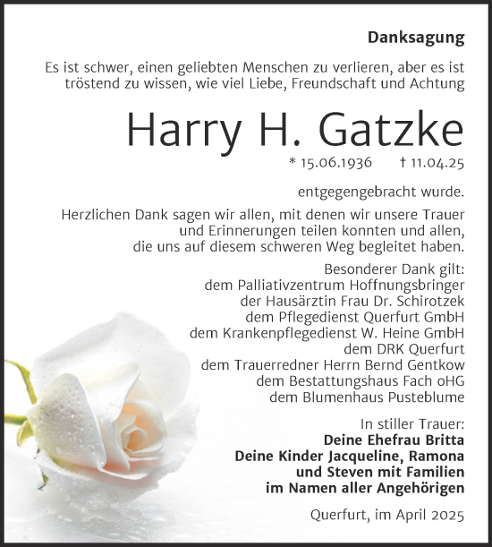 Traueranzeige von Harry Gatzke von Trauerkombi Merseburg
