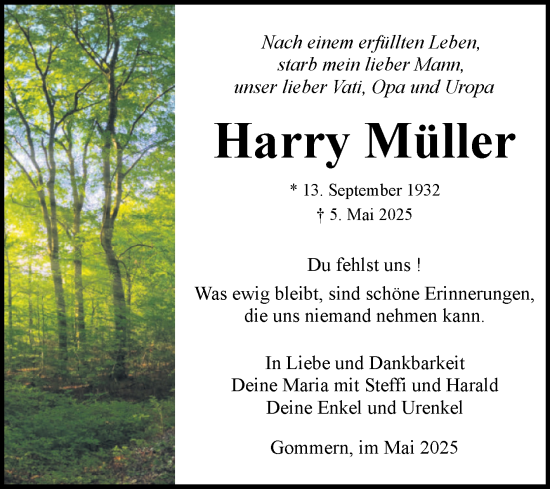 Traueranzeige von Harry Müller von Volksstimme Burg/Genthin