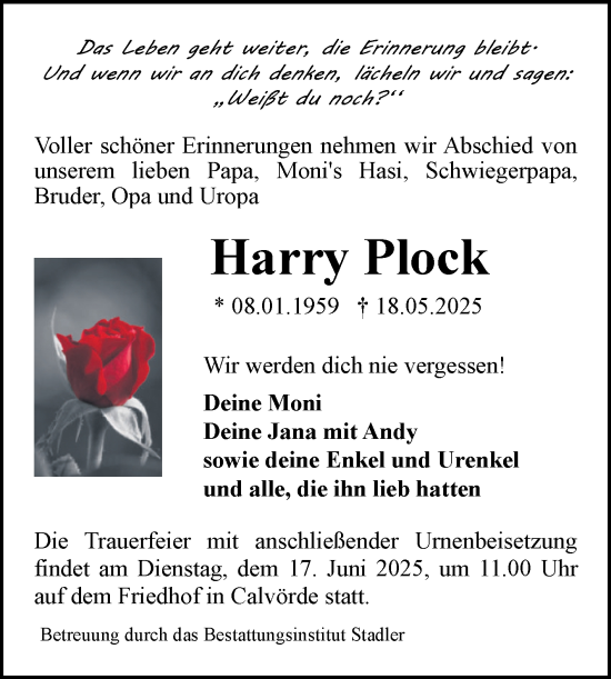 Traueranzeige von Harry Plock von Volksstimme Haldensleben/Wolmirstedt