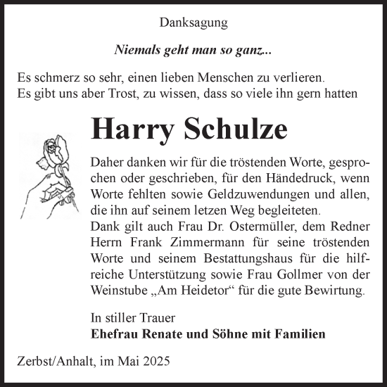 Traueranzeige von Harry Schulze von Volksstimme Zerbst