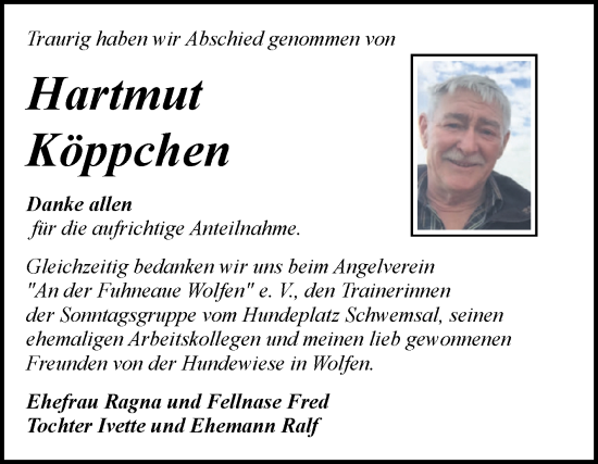 Traueranzeige von Hartmut Köppchen von Trauerkombi Bitterfeld