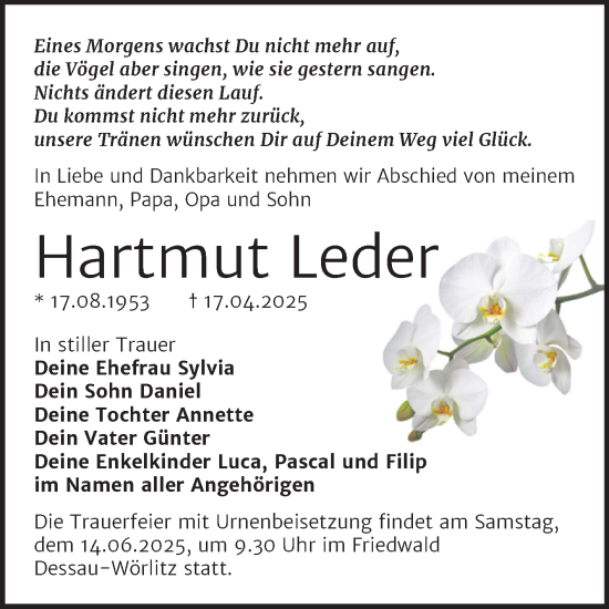 Traueranzeige von Hartmut Leder von Trauerkombi Bitterfeld
