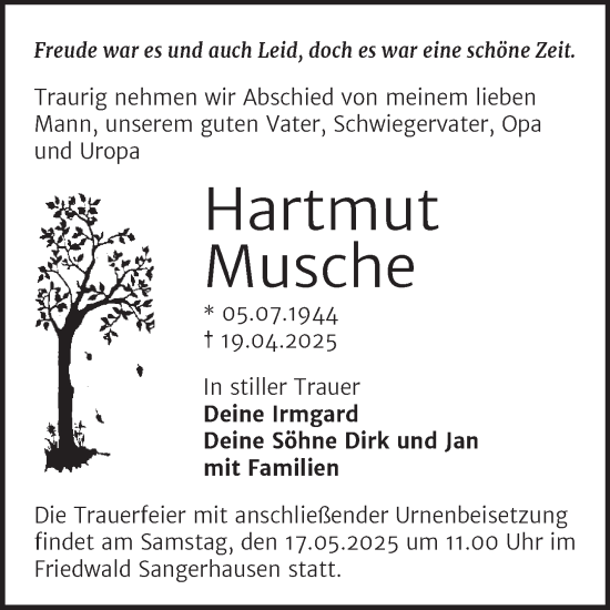 Traueranzeige von Hartmut Musche von Trauerkombi Sangerhausen