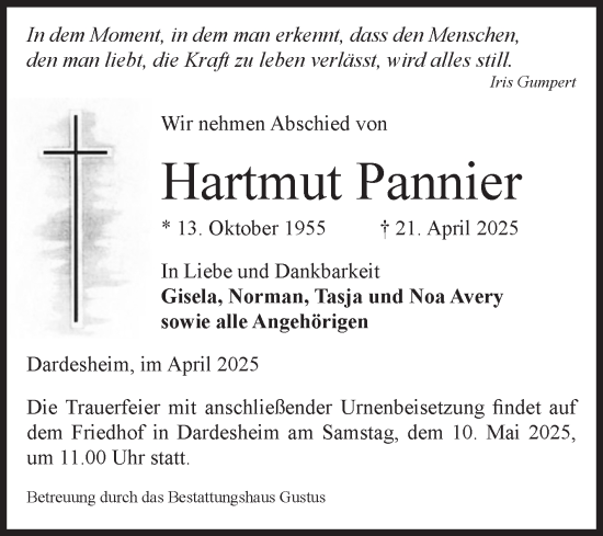 Traueranzeige von Hartmut Pannier von Volksstimme Halberstadt
