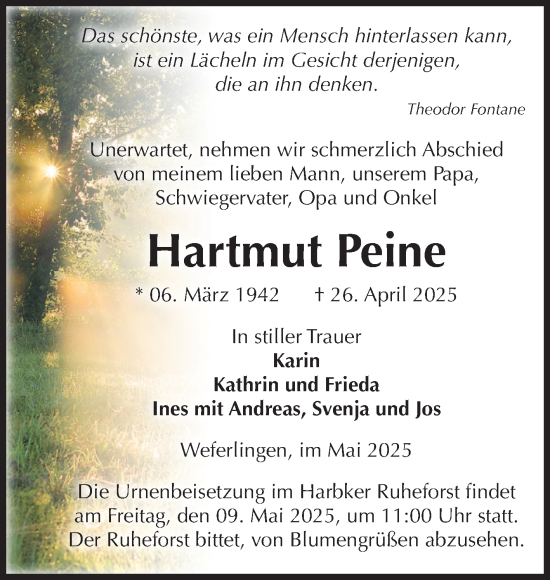 Traueranzeige von Hartmut Peine von Volksstimme Haldensleben/Wolmirstedt