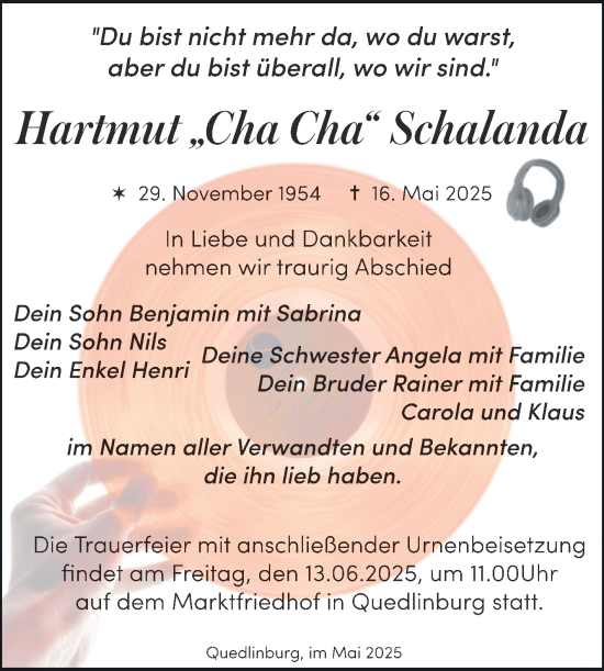 Traueranzeige von Hartmut Schalanda von Trauerkombi Quedlinburg