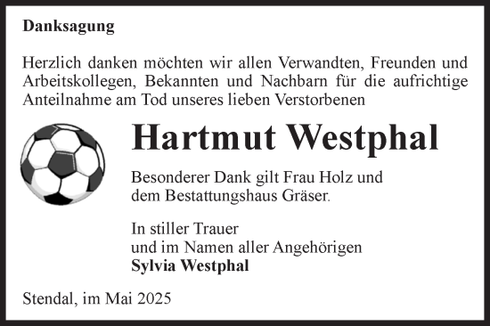 Traueranzeige von Hartmut Westphal von Volksstimme Altmark Ost