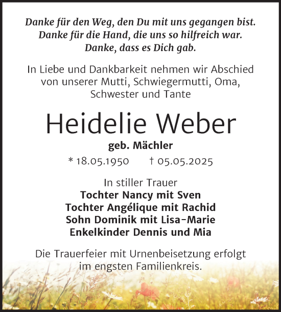 Traueranzeige von Heidelie Weber von Trauerkombi Bernburg
