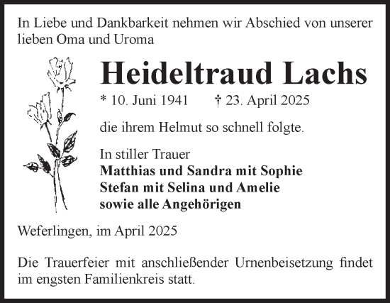 Traueranzeige von Heideltraud Lachs von Volksstimme Haldensleben/Wolmirstedt