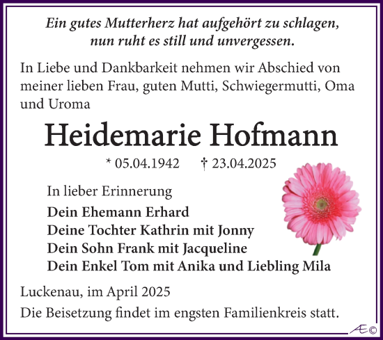 Traueranzeige von Heidemarie Hofmann von Trauerkombi Zeitz