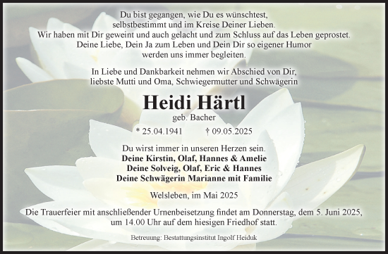 Traueranzeige von Heidi Härtl von Volksstimme Schönebeck