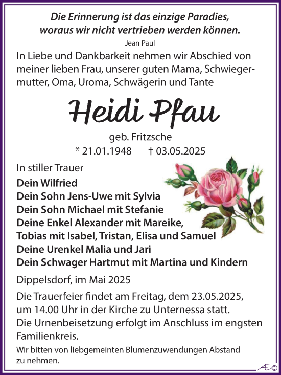 Traueranzeige von Heidi Pfau von Trauerkombi Zeitz