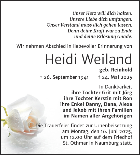 Traueranzeige von Heidi Weiland von Naumburger Tageblatt