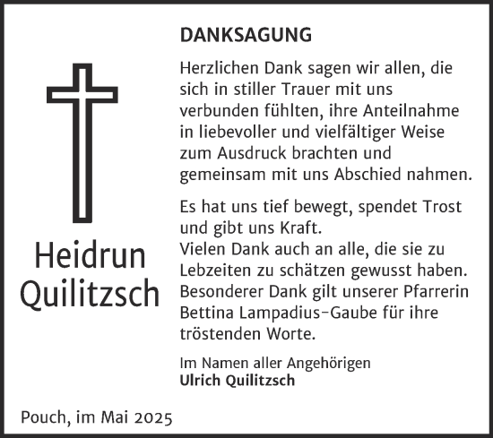 Traueranzeige von Heidrun Quilitzsch von Trauerkombi Bitterfeld