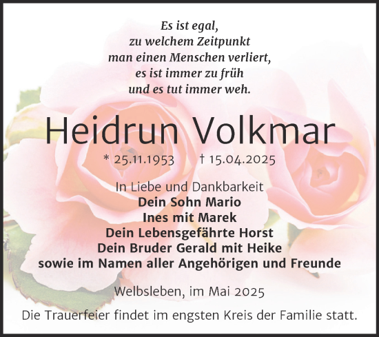 Traueranzeige von Heidrun Volkmar von Trauerkombi Mansfelder Land