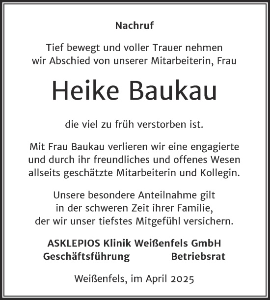 Traueranzeige von Heike Baukau von Super Sonntag Weißenfels