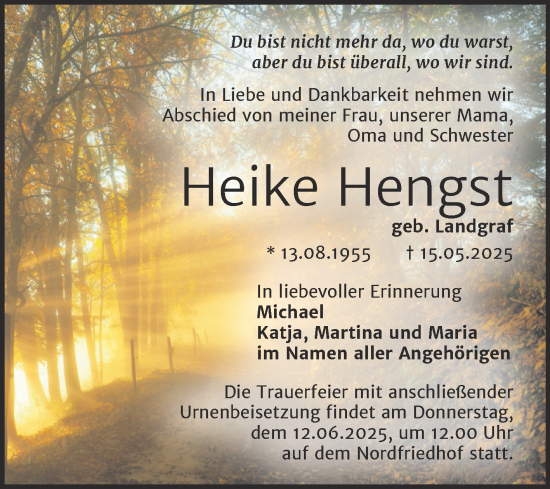 Traueranzeige von Heike Hengst von Mitteldeutsche Zeitung Halle/Saalkreis