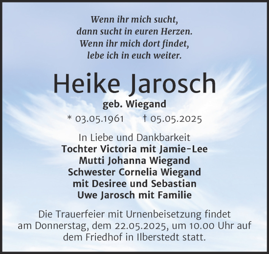 Traueranzeige von Heike Jarosch von Trauerkombi Bernburg