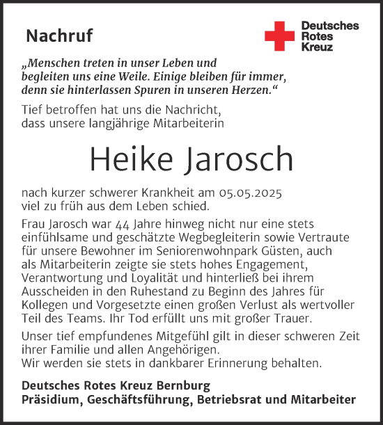 Traueranzeige von Heike Jarosch von Super Sonntag Bernburg