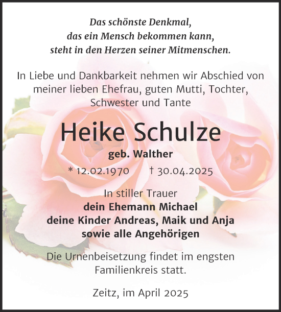 Traueranzeige von Heike Schulze von Trauerkombi Zeitz