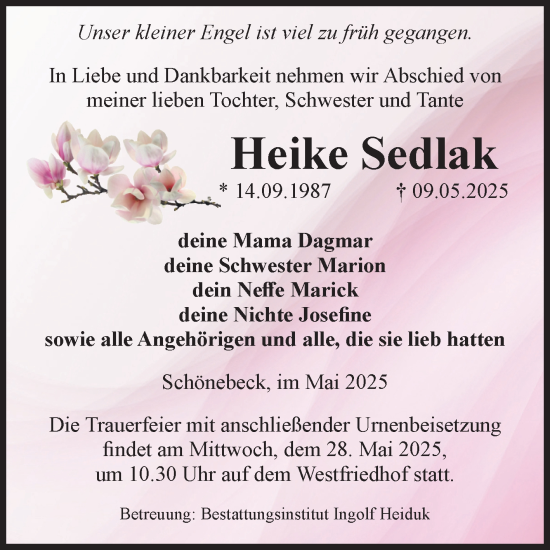 Traueranzeige von Heike Sedlak von Volksstimme Schönebeck