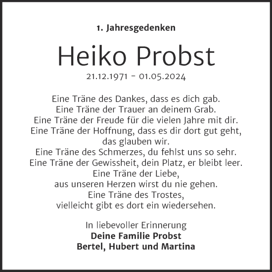 Traueranzeige von Heiko Probst von Trauerkombi Sangerhausen