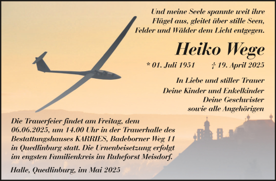 Traueranzeige von Heiko Wege von Trauerkombi Quedlinburg