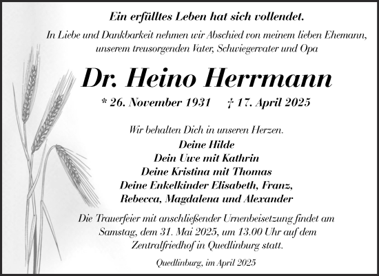 Traueranzeige von Heino Herrmann von Trauerkombi Bernburg