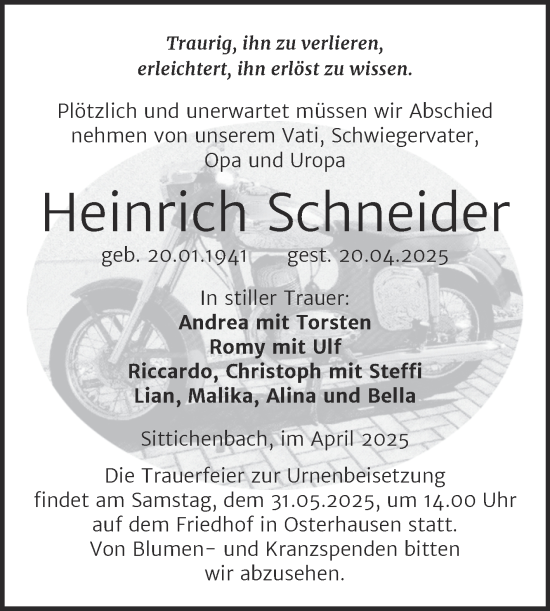 Traueranzeige von Heinrich Schneider von Trauerkombi Mansfelder Land