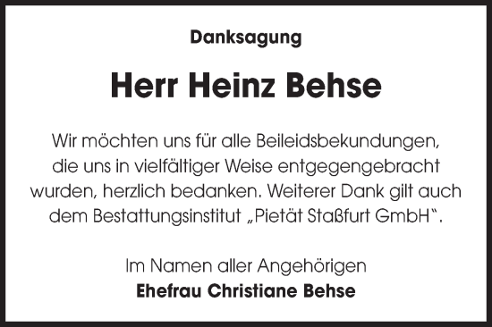 Traueranzeige von Heinz Behse von Volksstimme Staßfurt