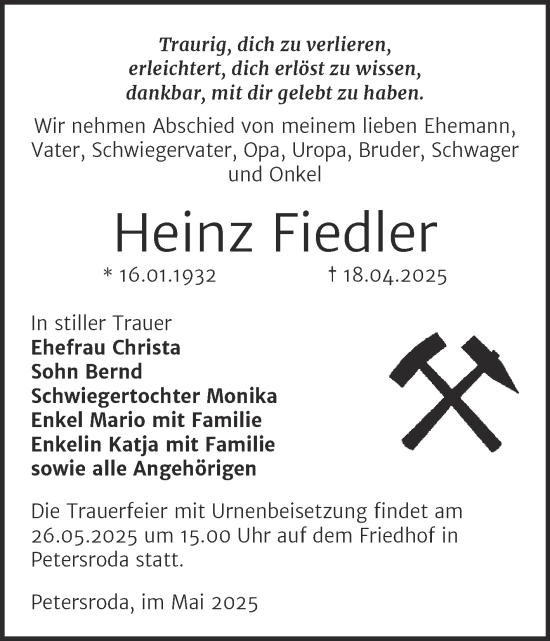 Traueranzeige von Heinz Fiedler von Trauerkombi Bitterfeld