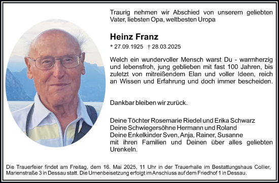 Traueranzeige von Heinz Franz von Trauerkombi Dessau