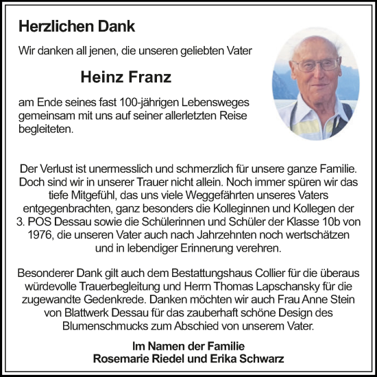 Traueranzeige von Heinz Franz von Trauerkombi Dessau