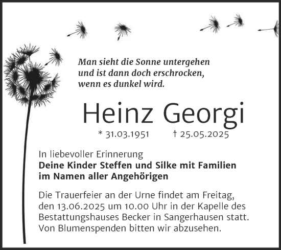 Traueranzeige von Heinz Georgi von Trauerkombi Sangerhausen